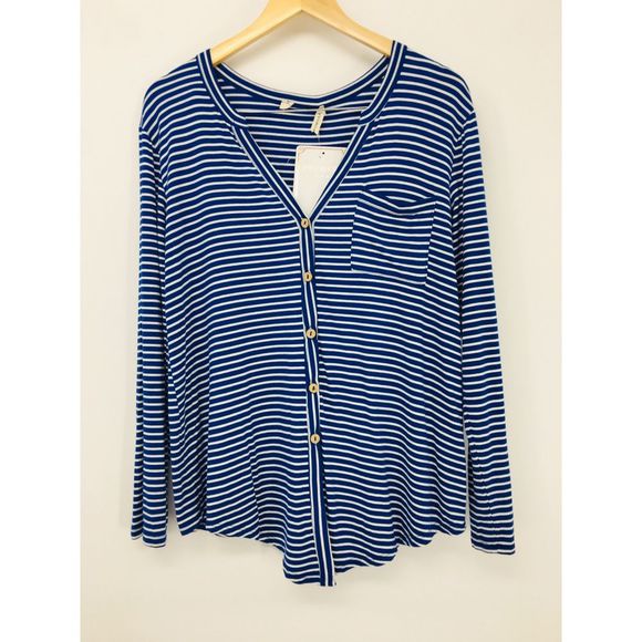 NWT Promesa Striped Soft Rayon Navy White Button Top Womens Size 14 - Picture 1 of 7